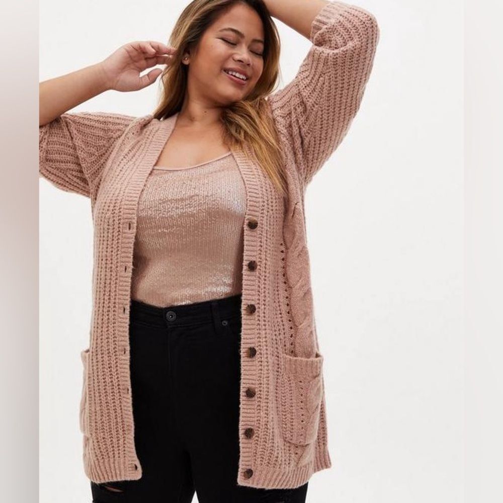 Torrid Cable Knit Blush Mauve Boyfriend Cardigan Sweater Super Soft Size 5X